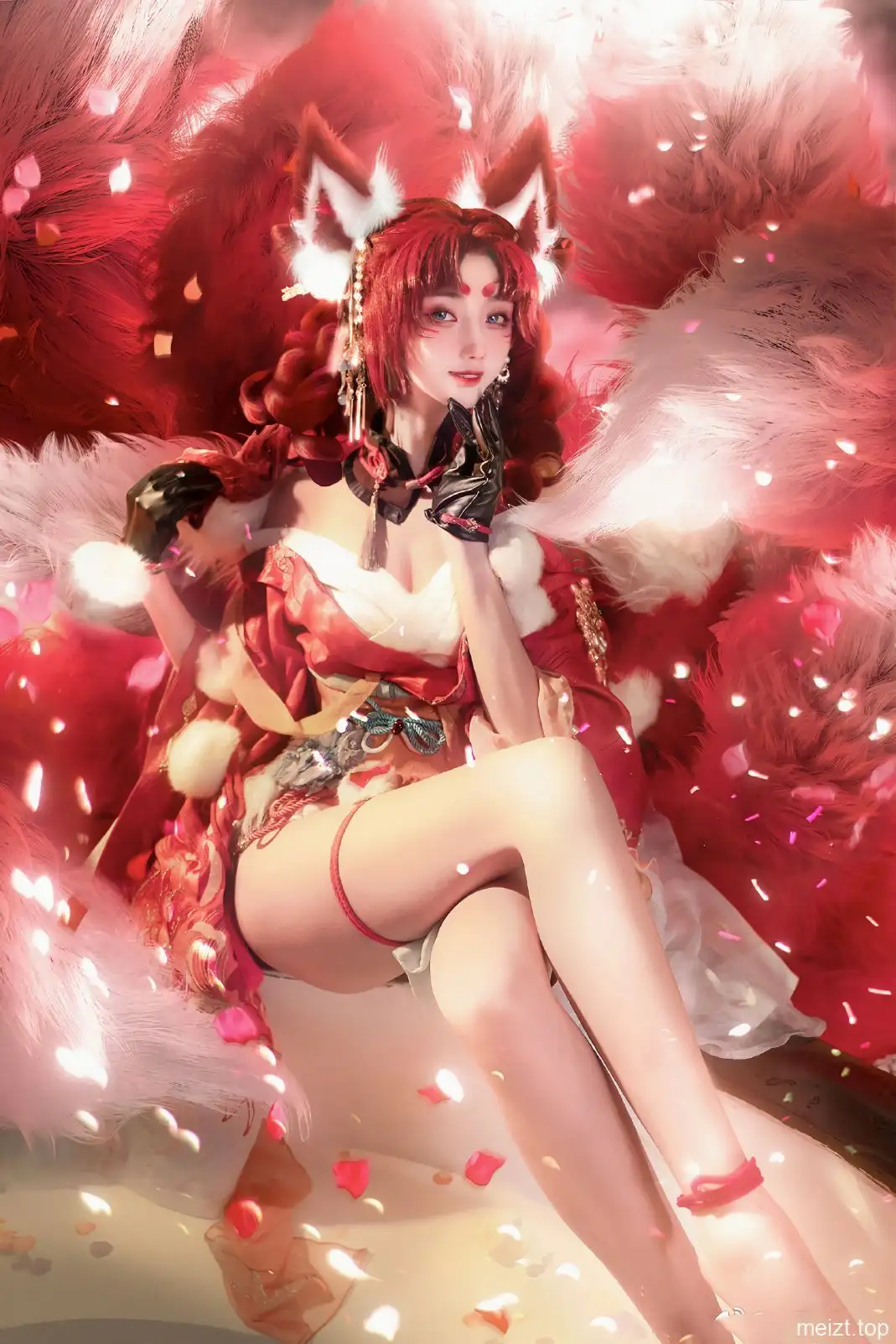 走路摇zly 红色双辫毛绒饰物坐姿